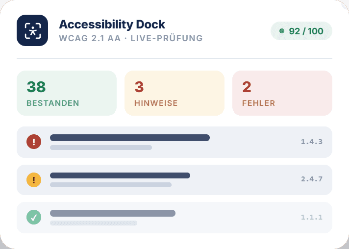 Accessibility Dock in YOOtheme Pro: Prüfergebnis mit Wertung 92 von 100, 38 bestandenen Kriterien, 3 Hinweisen und 2 Fehlern sowie Befundliste mit WCAG-Kriterien