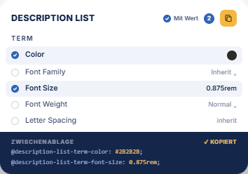 LESS Copy für YOOtheme Pro: Description List mit ausgewählten Variablen und kopierten LESS-Zeilen