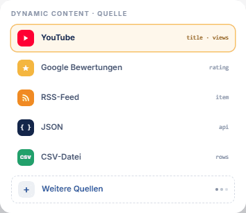 Sources für YOOtheme Pro: Quellenauswahl im dynamischen Inhalt mit YouTube, Google-Bewertungen, RSS-Feed, JSON und CSV-Datei