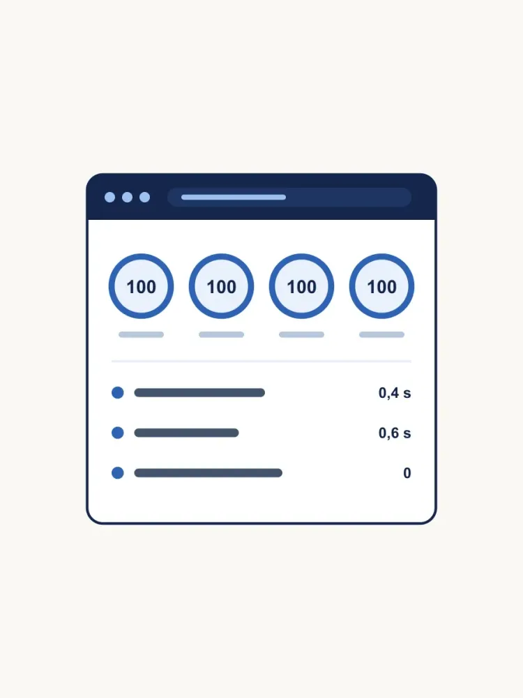 Illustration: Speed-Report im Browser mit viermal 100 Punkten und schnellen Ladezeiten